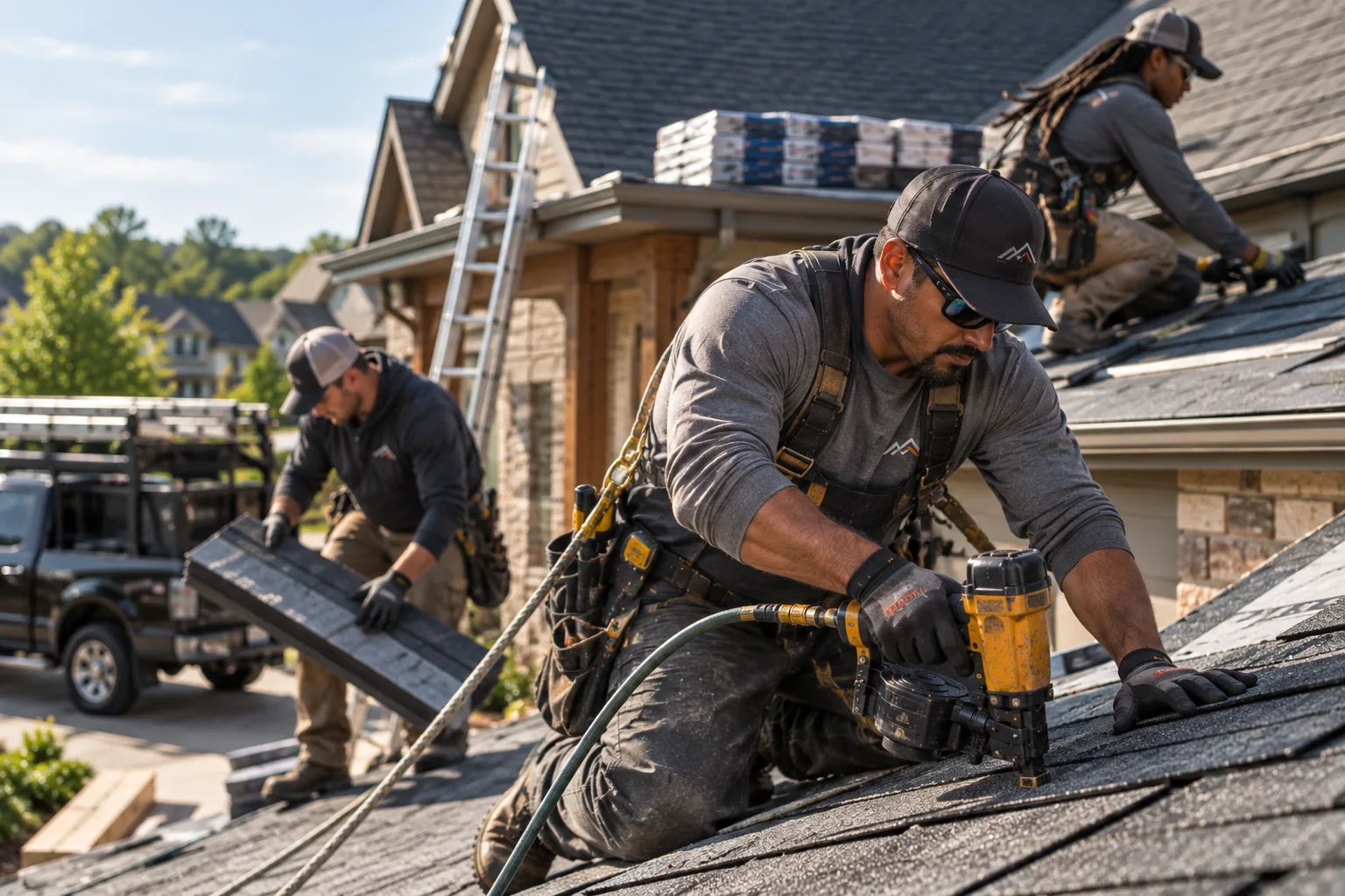 A roofing crew working on a house in Middle Tennessee
