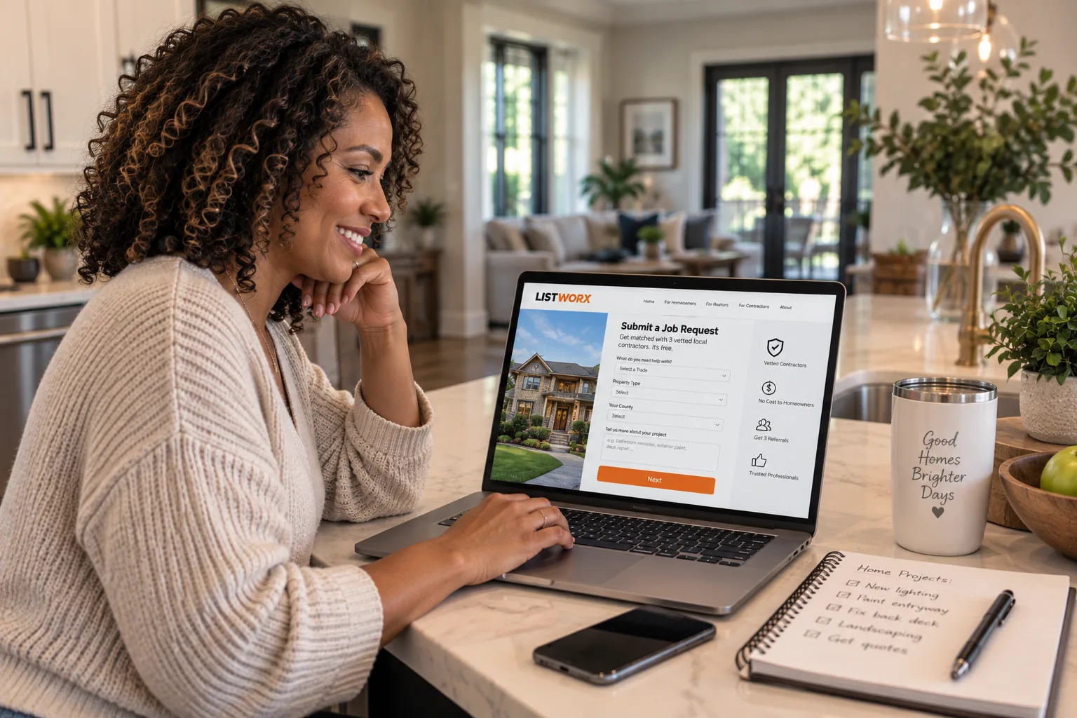 A homeowner submitting a job request on ListWorx from her kitchen