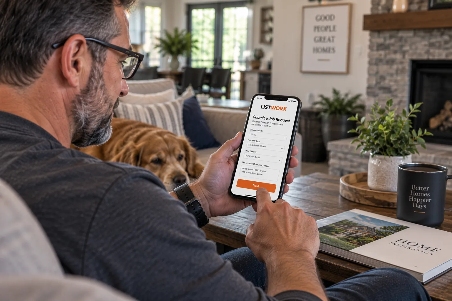A homeowner starting a job request on his phone