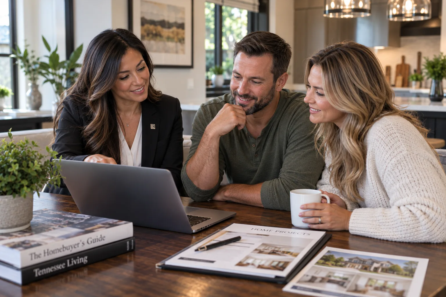 A real estate agent reviewing options with clients at a kitchen table