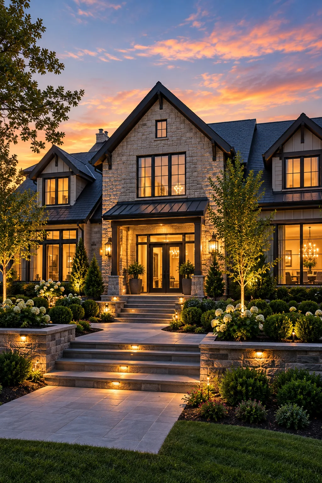 A home exterior photographed at dusk after exterior work