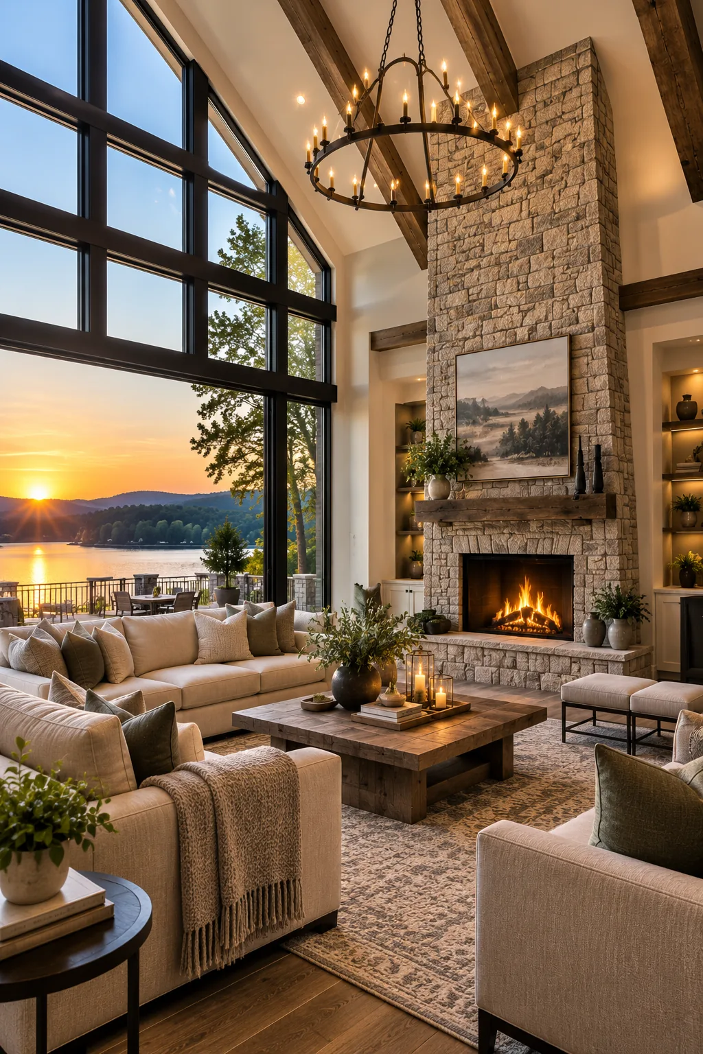 A finished great room with stone fireplace and lake view at sunset